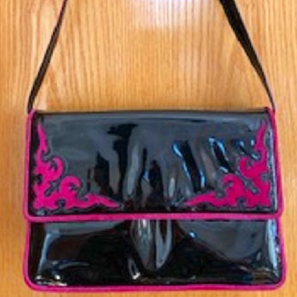 Accents by Sharif Black Leather/Pink Suede Flap Shoulder/Crossbody Handbag Bag - Picture 1 of 6
